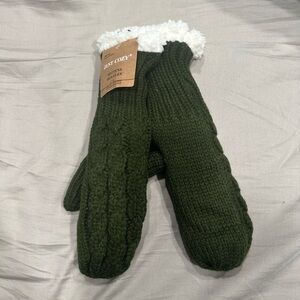 Just Cozy Green Mittens with White Trim